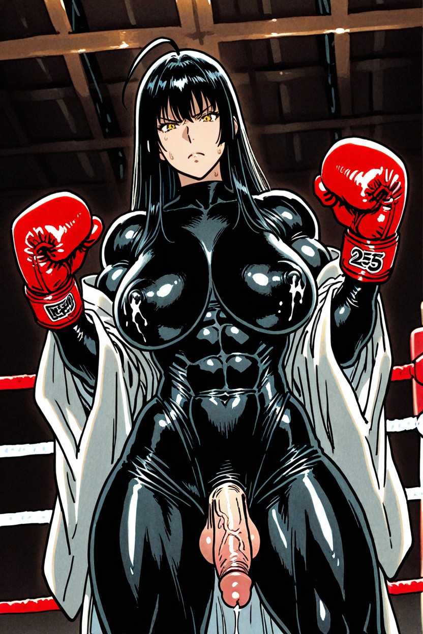 正面図, Black Bodysuitneck Covered Leotard, White High Leggings ニューハーフAIポルノ