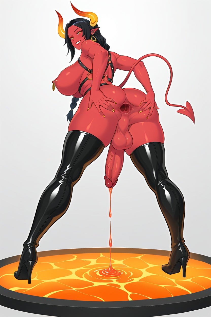 Demon Tail, Legs Spread Wide Apart, Golden Ring Earings Porno IA transsexuelle