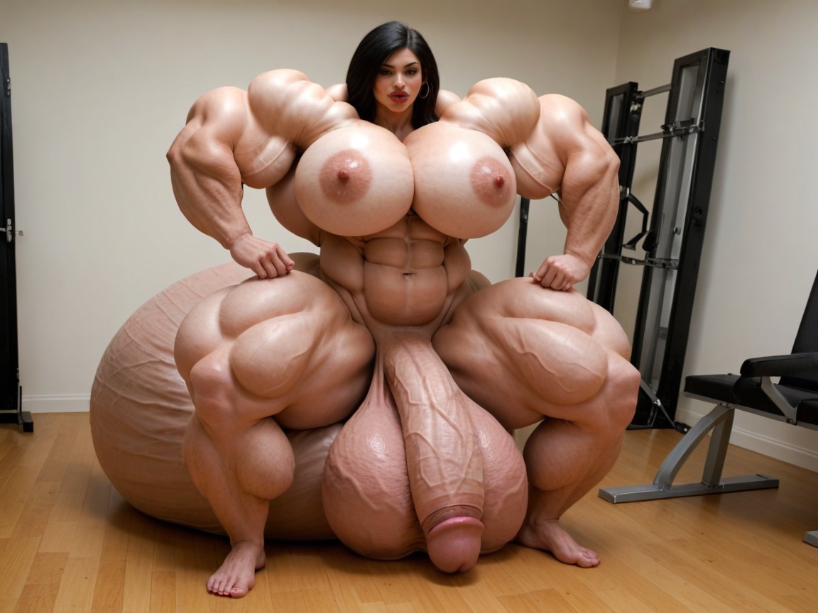 Hyper Oversized Balls, Balls Are Big Enough To Touch The Floor, Hyper Oversized Gigantic Massive Muscle ニューハーフAIポルノ