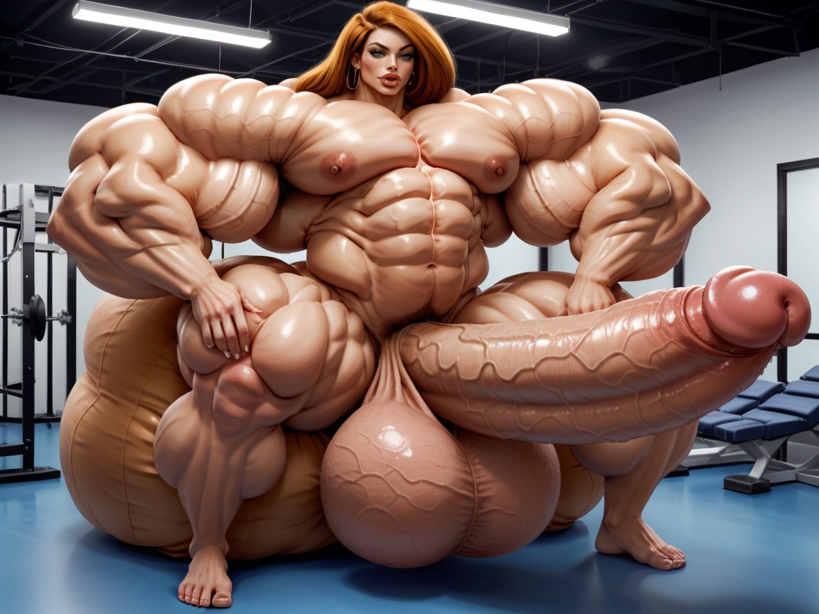 Full Body View, Hyper Gigantic Penis, Hyper Balls Growth Shemale AI Porn