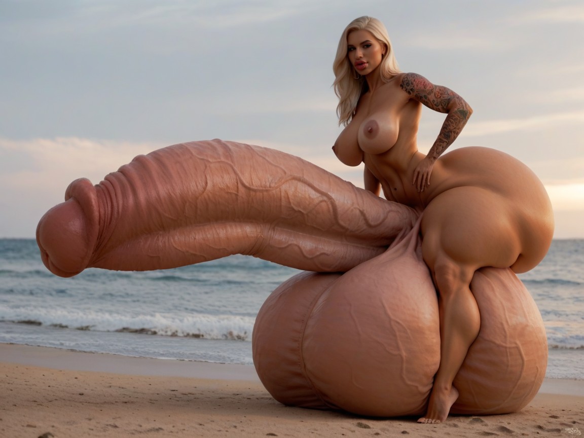 Covered In Tattoo, Tan Skin, Hyper Oversized Gigantic Penis 人妖AI黃片