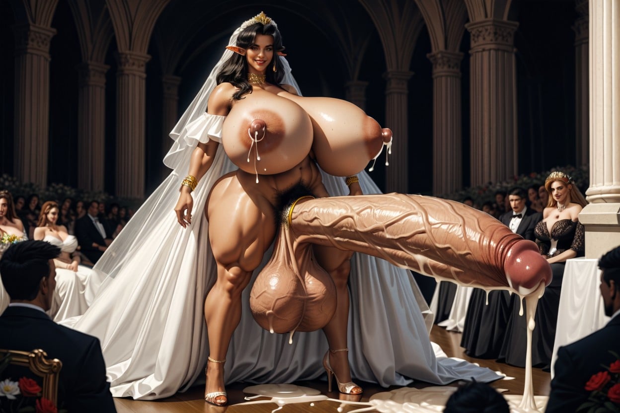 Smiling, Many People Around, Huge Long Erect Hyper Lactating Nipples Shemale AI Porn