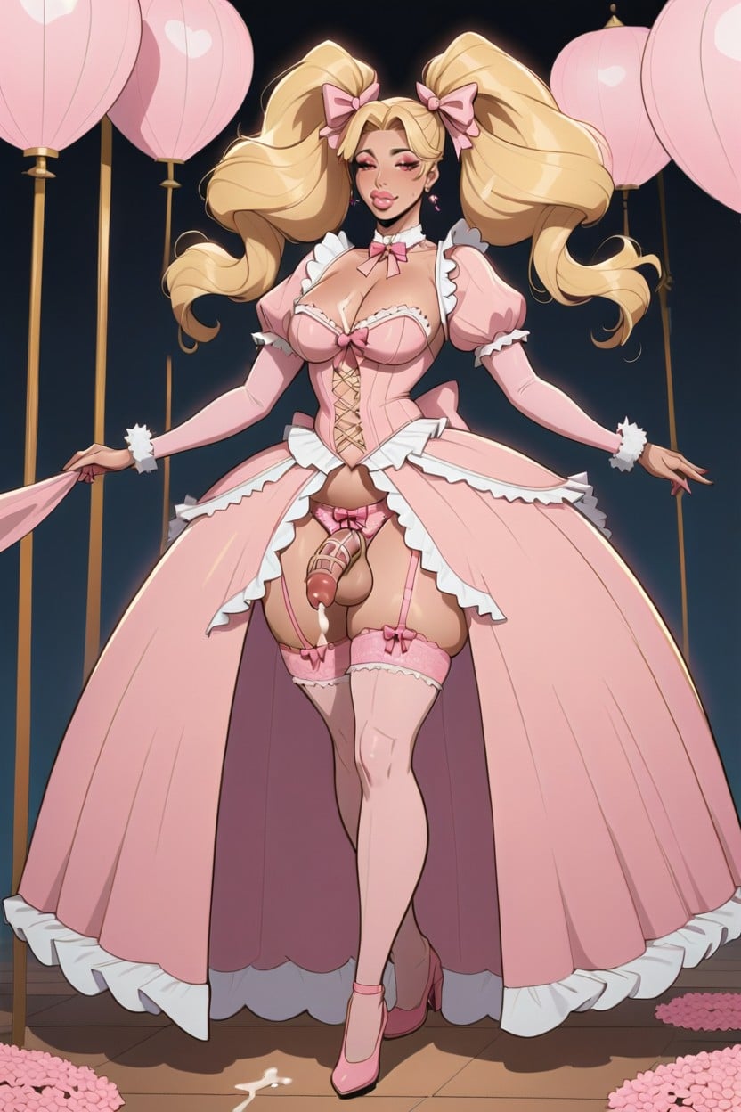 Crossdressing Gay Sissified Male, Flowing High Twintails, Puffy Sleeves ニューハーフAIポルノ