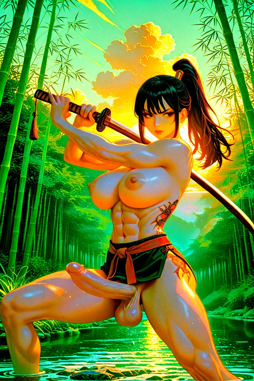 Futanari, Beautiful And Detailed Face, A Dragon Tattoo On Her Belly Shemale AI Porn