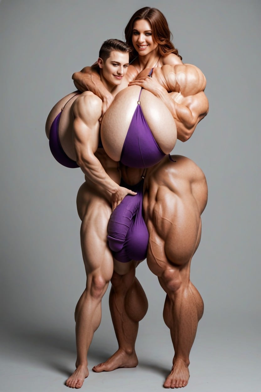 阴茎隆起, Man Hugging A Taller Futanari, Purple Bikini 人妖AI色情