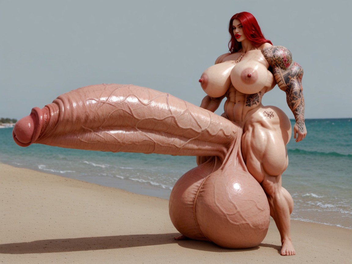 Hyper Oversized Balls, Hyper Bimbo, Full Body Tattoo 人妖AI色情
