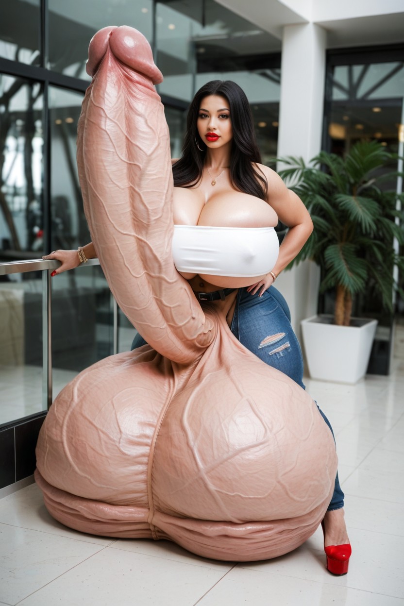Hyper Gigantic Veiny Penis, Erection Above Her Own Head, Red Lipstick Shemale AI Porn
