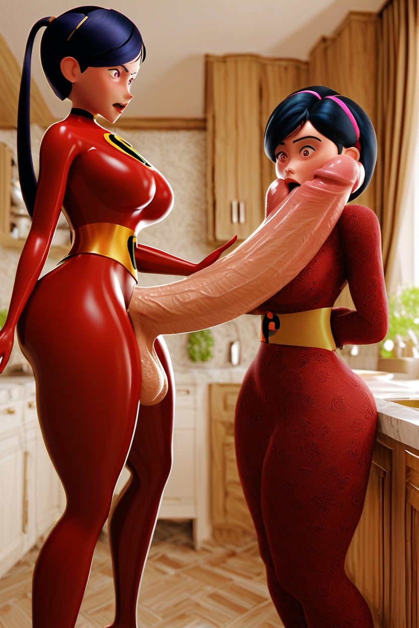 Japanese Woman, Fully Clothed Red Latex, Huge Throat Bulge Shemale AI Porn