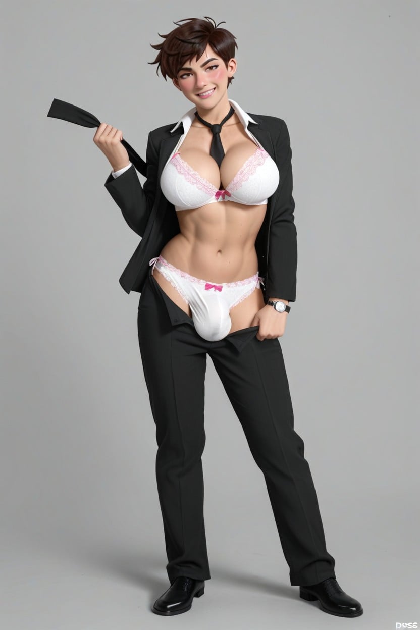 Wide Jaw, Pink Frilly Lace Panties, Full Length White Shirt 人妖AI黃片