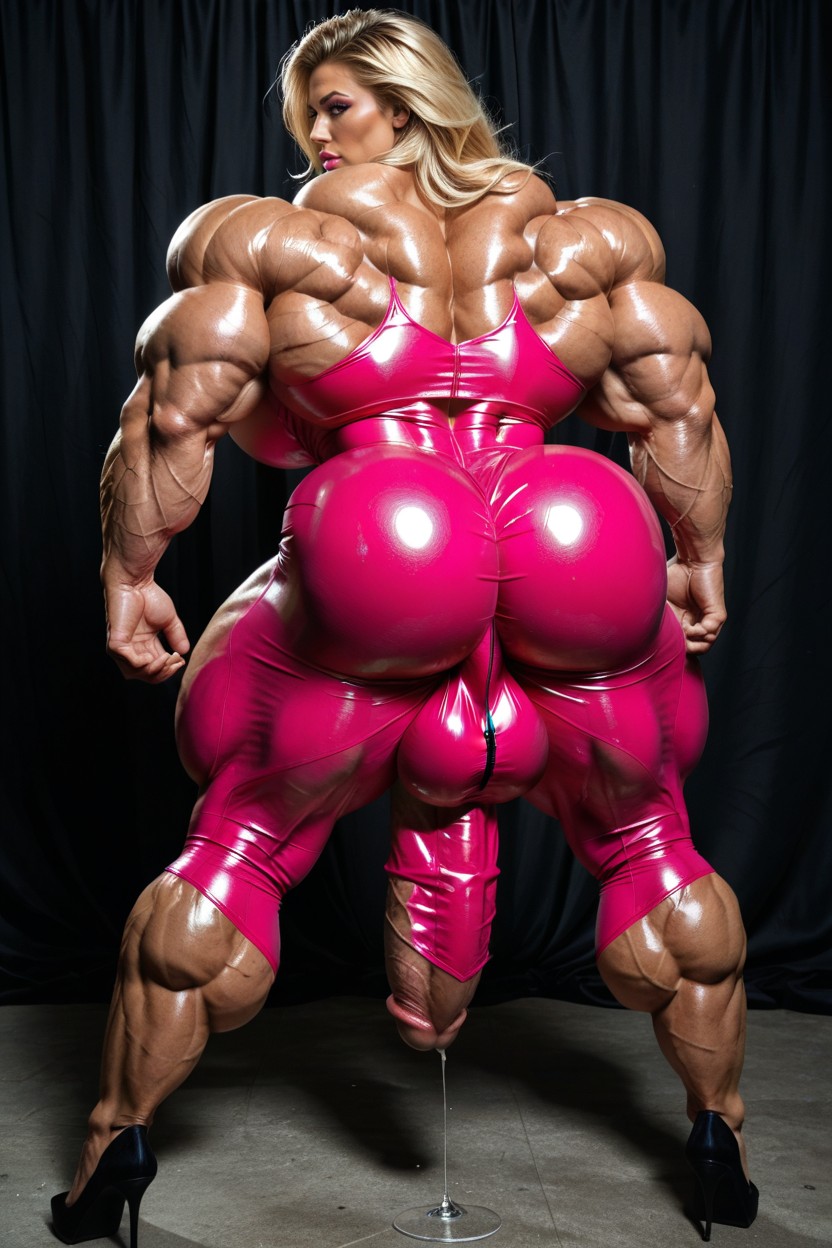 Hyper Big Muscular Shoulders Hot Pink Shiny Bodysuit, Hyper Gigantic Muscles, Side View 人妖AI黃片