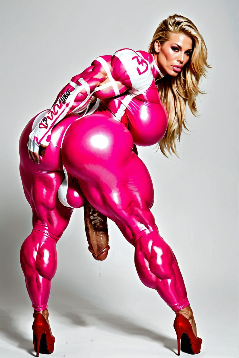 Hyper Big Muscular Shoulders Hot Pink Shiny Bodysuit, Tall Amazonian, Hyper Defined Muscles 人妖AI色情