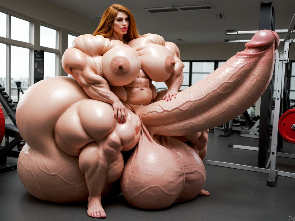 Penis The Size Of The Gym, Hyper Gigantic Muscle Hips, Hyper Oversized Enormous Thick Penis Shemale AI Porn