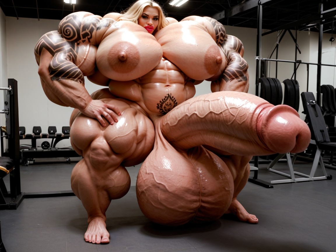 Balls Are Big Enough To Touch The Floor, Hyper Gigantic Penis, Hyper Gigantic Muscle Hips Shemale AI Porn