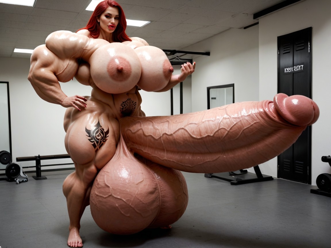 Hyper Oversized Muscle, Balls Are Just Too Gigantic, Sweaty Shemale AI Porn