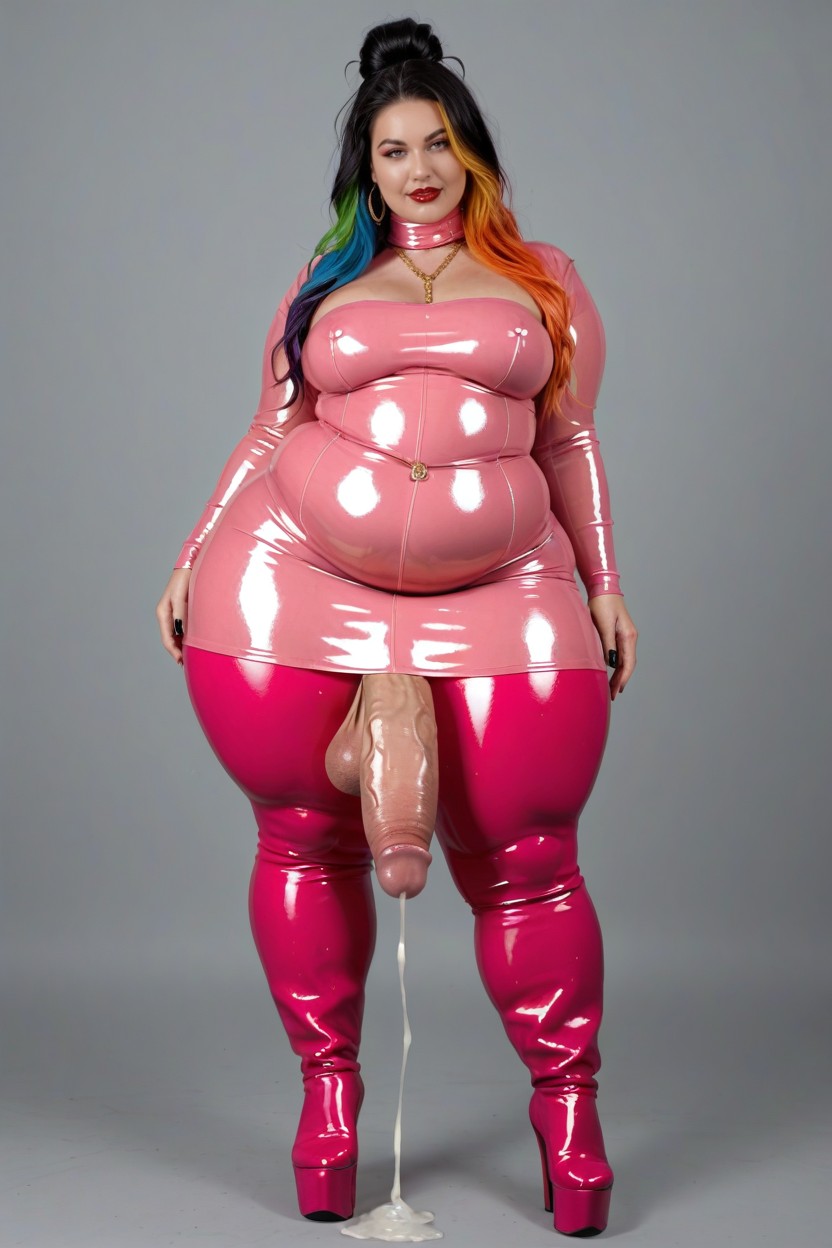 Pink Thigh High Latex Platform Boots, Erection, High Gloss Turtleneck Shemale AI Porn