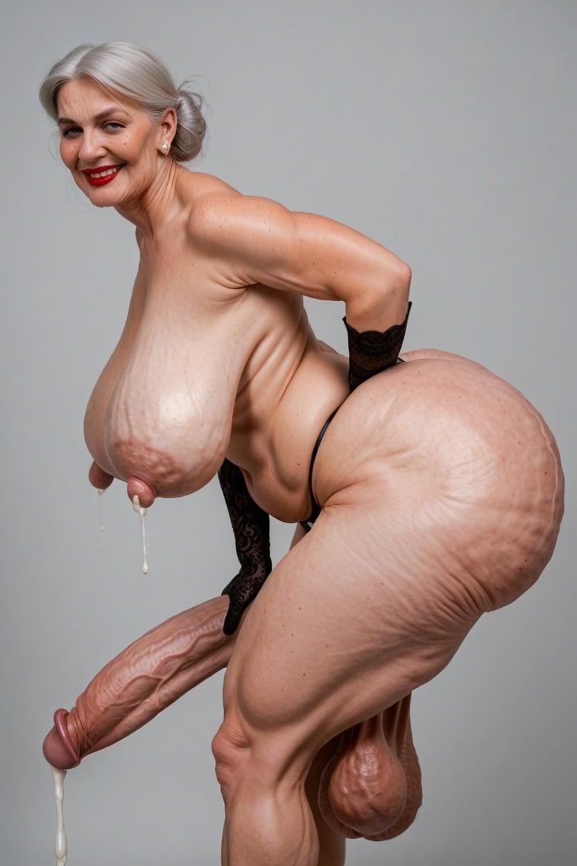 Wrinkled Face, Extremely Veiny Breasts, Rolling Eyes Shemale AI Porn