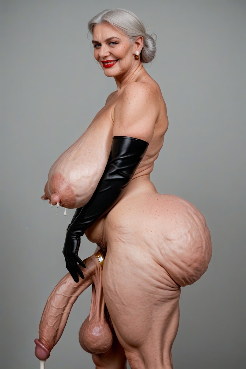 Black Latex Gloves, Swollen Hanging Balls, Saggy Ass Shemale AI Porn