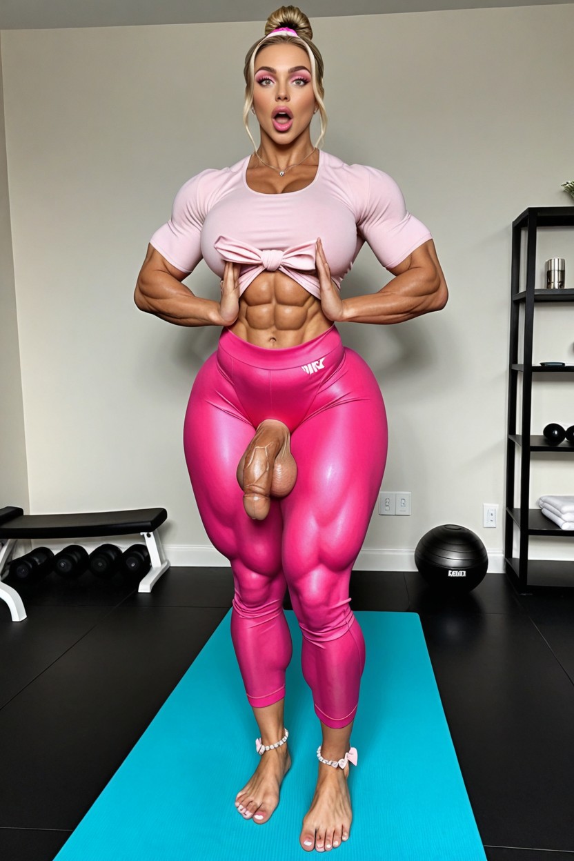 Soft Pink Eyeshadow, Massive Thick Quads, Highly Detailed Round Barbie-face With Delicate Bone Structure Shemale AI Porn