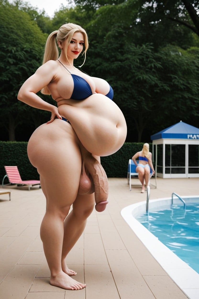 Thick Thighs, People In Background, Huge Public Pool Shemale AI Porn
