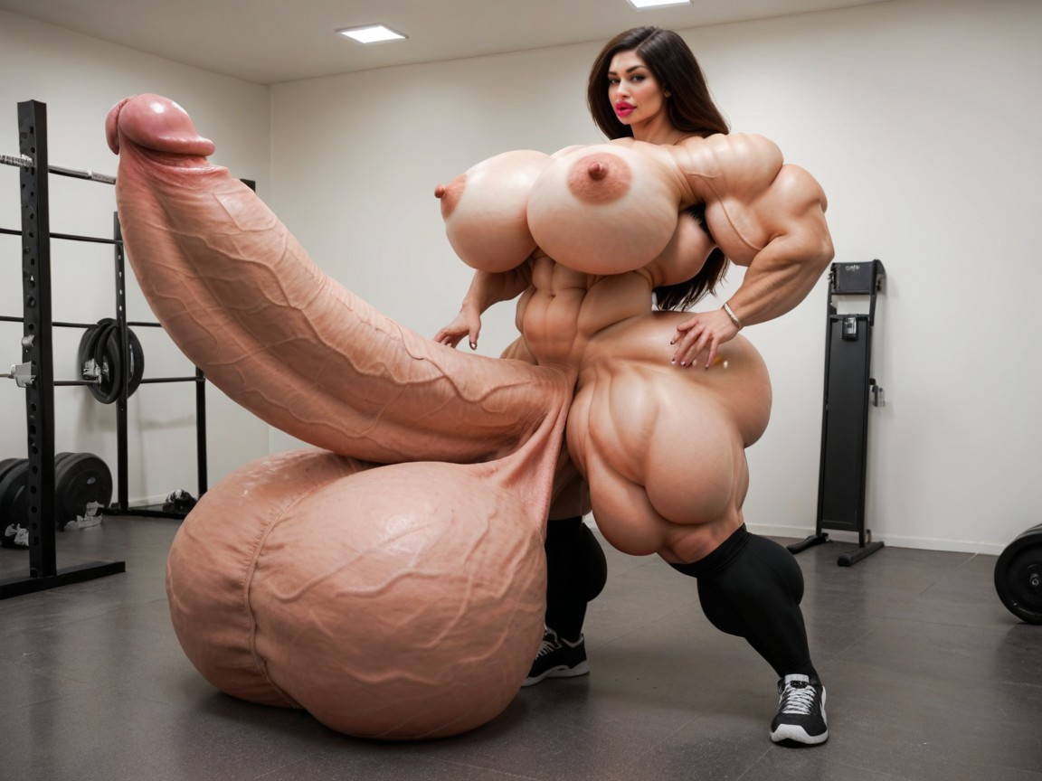 Hyper Gigantic Muscle Hips, Full Body View, Giant Bulging Penis Shemale AI Porn