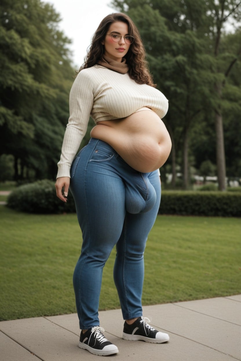 Blue Jeans, Hair Covering One Eye, Huge Saggy Natural Breasts Shemale AI Porn