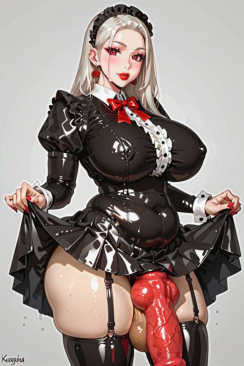 Hyper Big Swollen Balls Bulge In Latex, Very Wide Rounded Curvy Chubby Hips, Lifting Skirt Shemale AI Porn