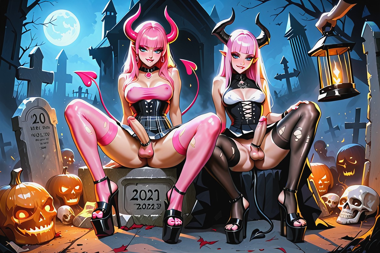 Pink Hair, Skeletons Hanging, No Underwear Shemale AI Porn