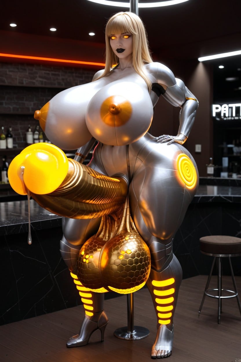 Massive Glowing Metallic Cock, Orange Glowing Eyes, Glowing Orange Metallic Balls That Hang Low Porno shemale IA