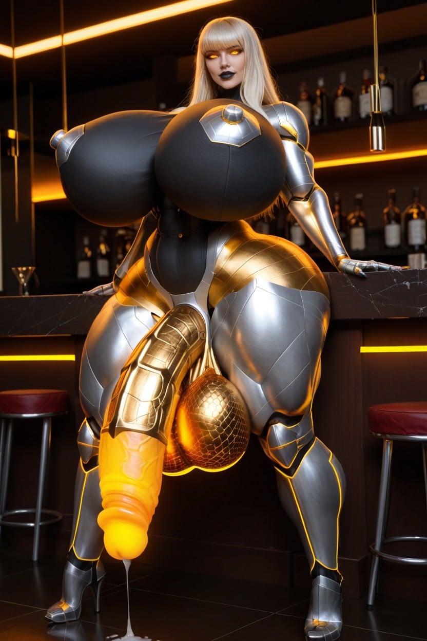 Strip Pole, Robotized Woman, Enormous Hyper Orange Metallic Balls Shemale AI Porn