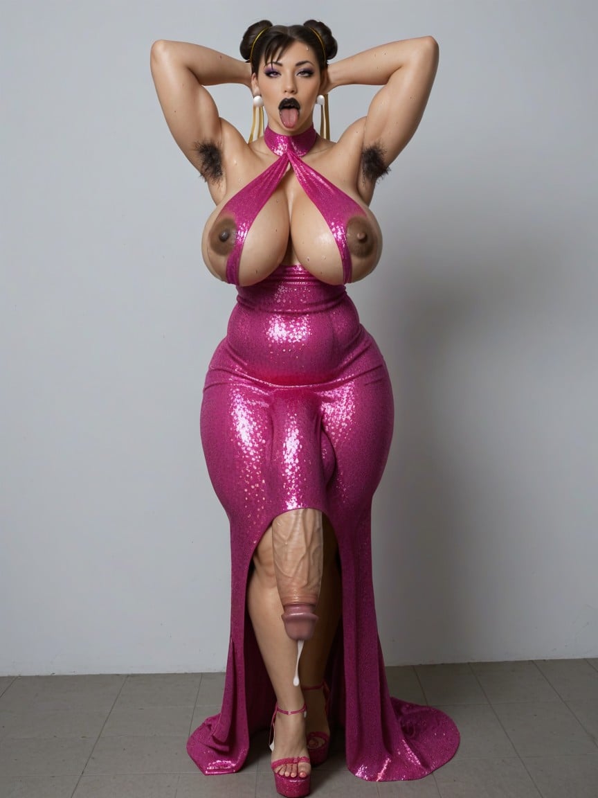 Pink Glitter Body Con Dress, Full Body View, Sweaty Shemale AI Porn
