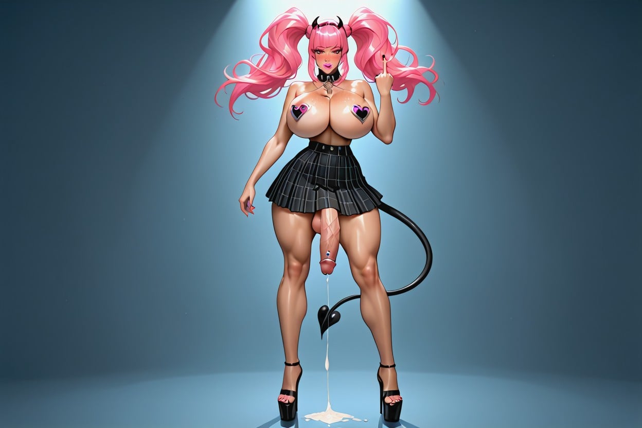 Nipple Chain, Hyper Extreme Bulging Cleavage, Erect Cock Shemale AI Porn
