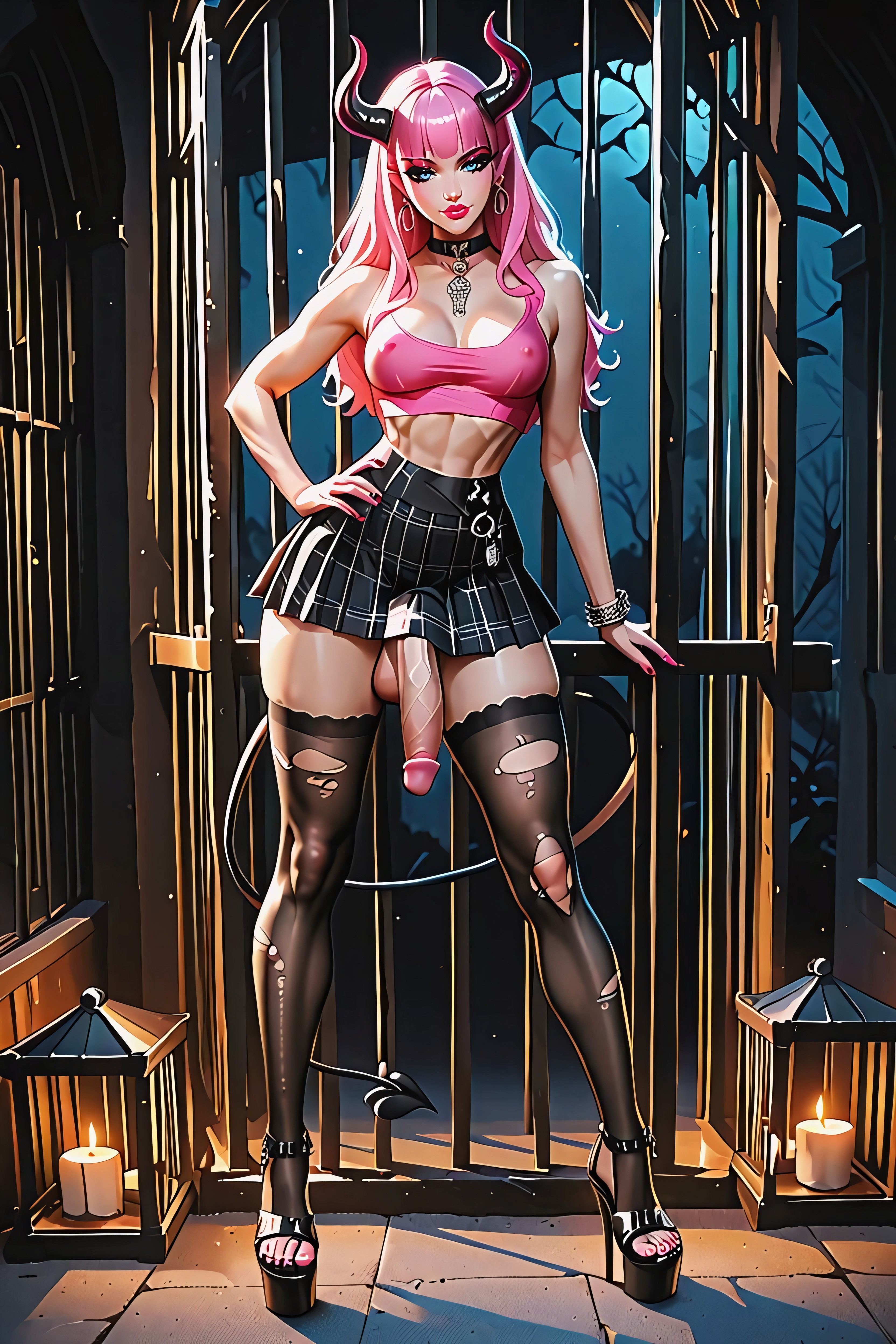 Night, Pointy Breasts, Pink Hair 人妖AI黃片
