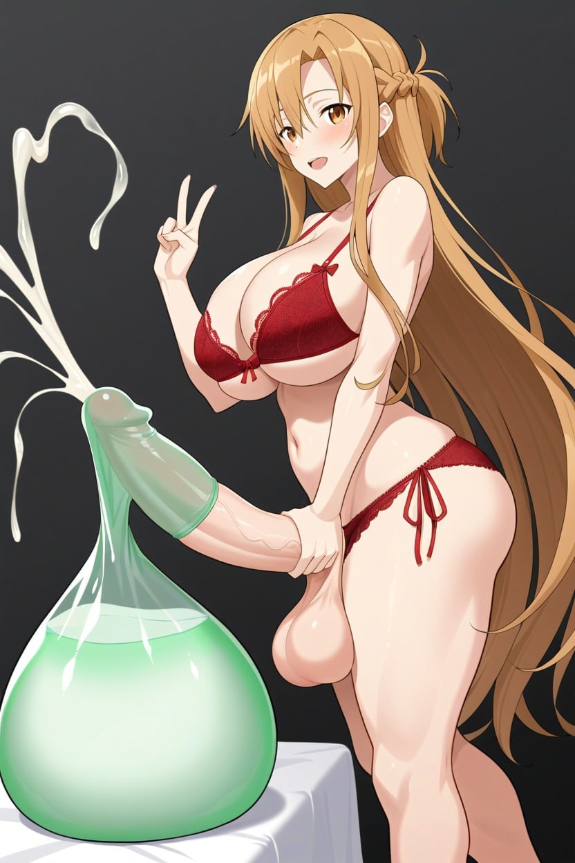 Red Lace Bra, Hyper Condom Balloon, Head Arched Back Shemale AI Porn