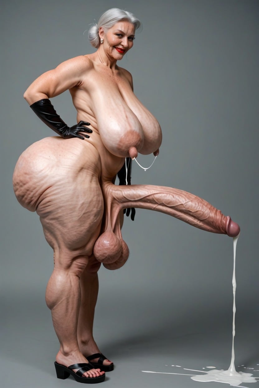 Hyper Loose Sagging Breasts, Wrinkles On Belly, Upward Curved Penis 쉬메일 AI 포르노