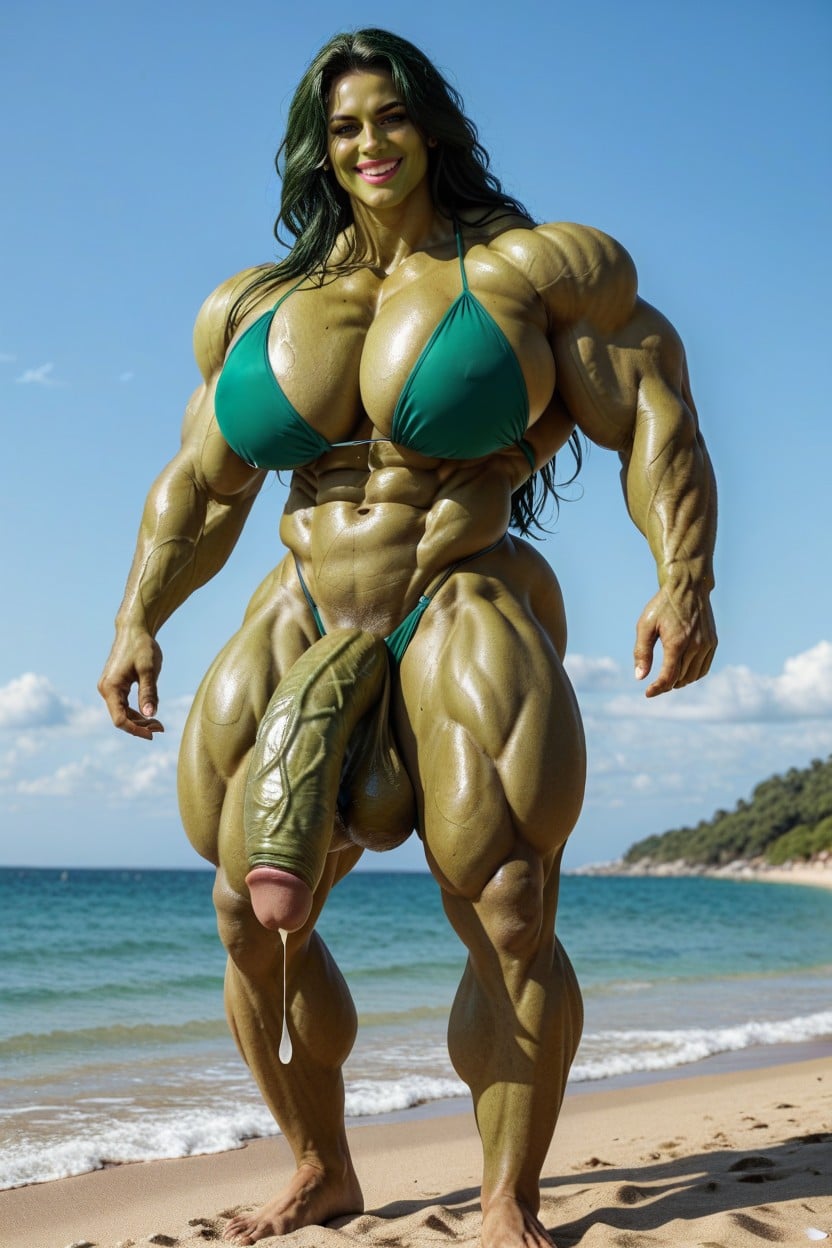 Hyper Green Cock Growth, Impossibly Gigantic Green Cock, Hyper Muscular Thighs Shemale AI Porn