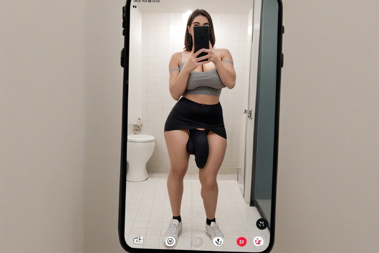 Bathroom Selfie, Juxtaposition Of Left And Right Panel, Lifted Skirt Shemale AI Porn