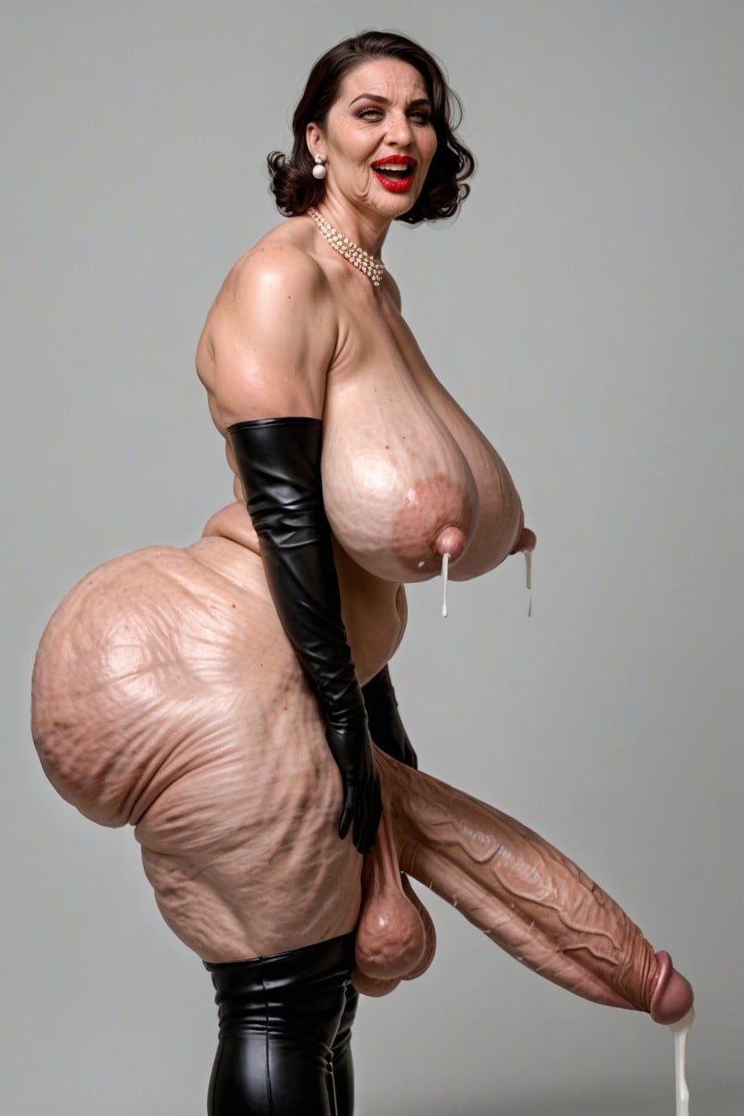Extremely Low Hanging Balls, Shoulders Back, 60+ Shemale AI Porn