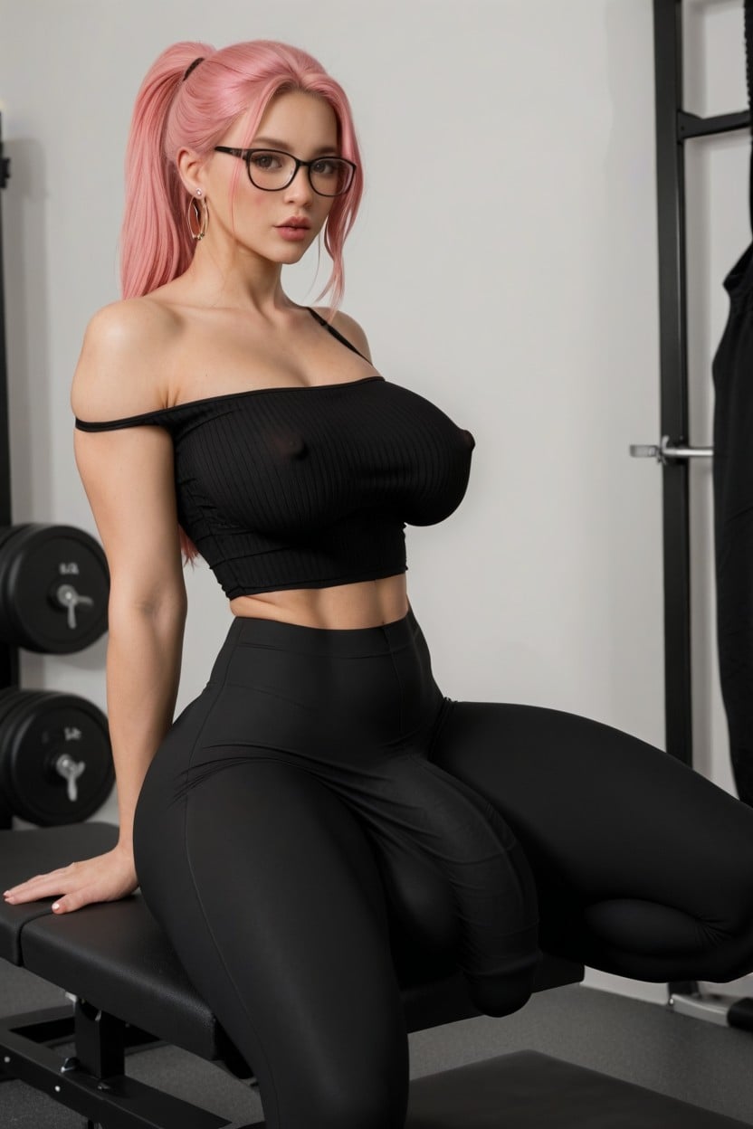 Eyes Wide With Surprise, Hyper Cock Outline In Leggings, Transparent Leggings Shemale AI Porn