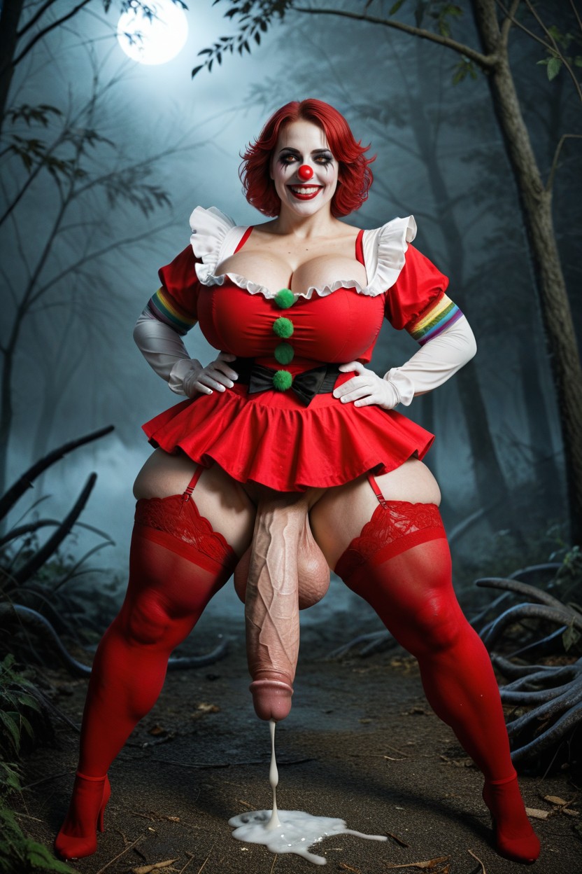 Red Outfit With Skirt, Hyper Evil Smile, Nightmare Fuel Shemale AI Porn