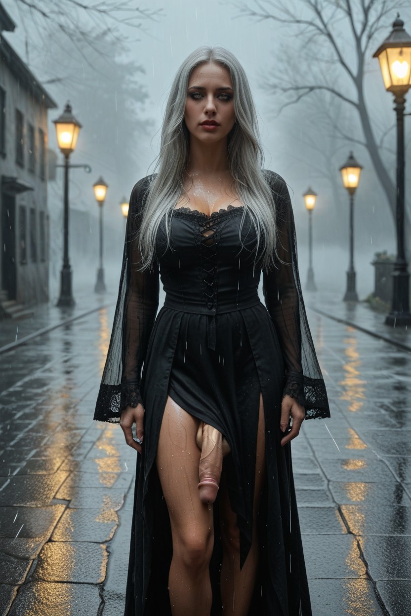 A Ghostly Ethereal Futanari Standing Alone In The Rain, Melancholic Expression, Sharp Focus Ethereal Spirit Shemale AI Porn