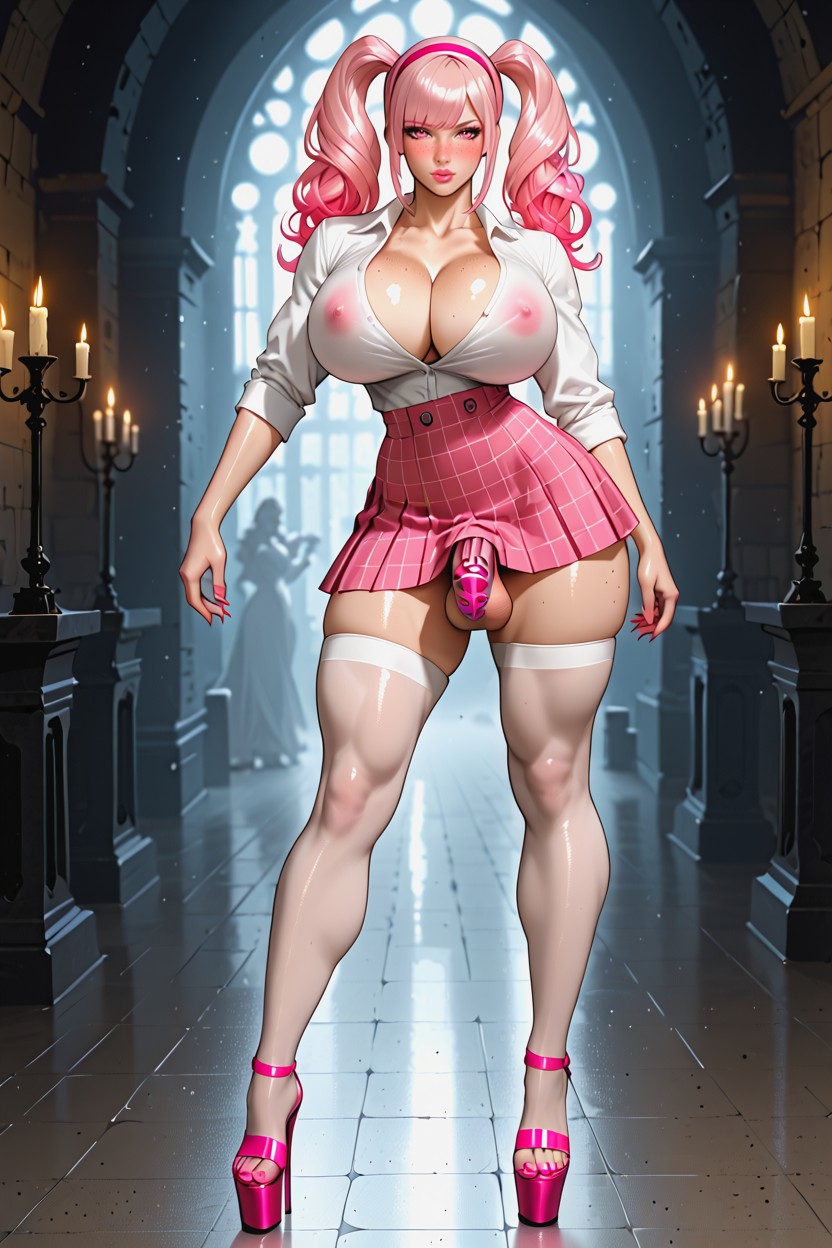 Oiled Skin, Pink Hair, High Twintails Shemale AI Porn