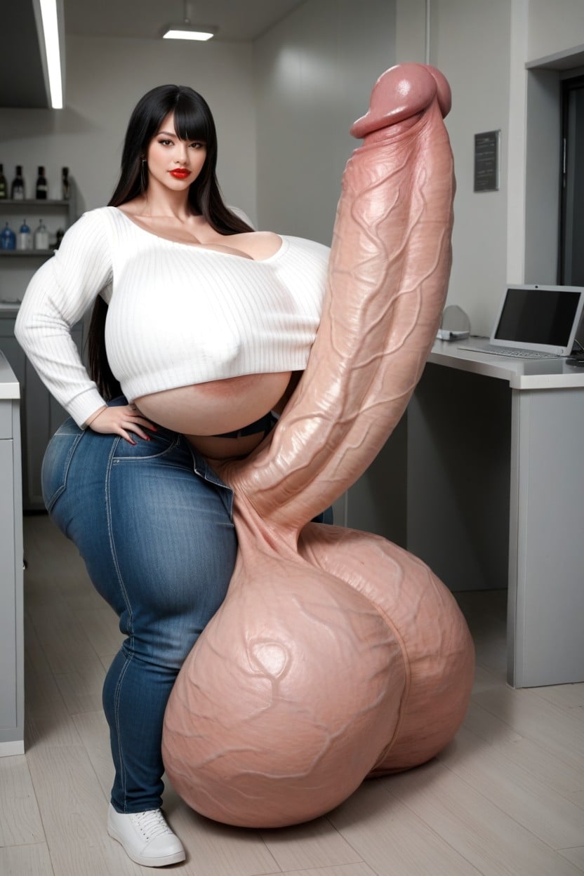 Huge Hyper Ass, Hyper Gigantic Testicles, Black Hair Shemale AI Porn