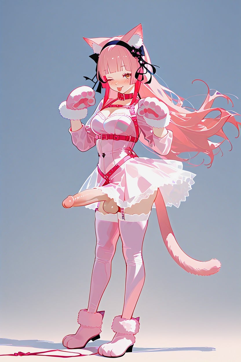 Wind In Hair, Hands Make Paw Pose, Pink Hair ニューハーフAIポルノ