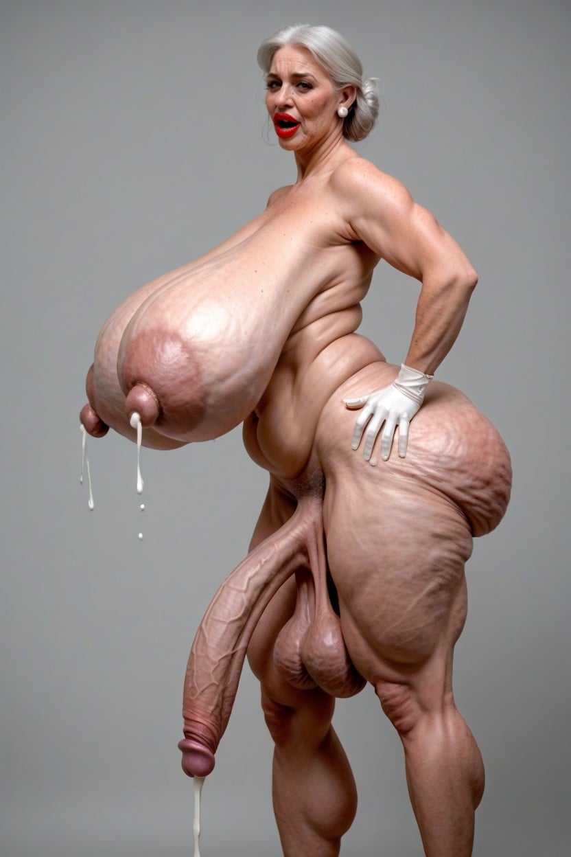 Wrinkled Skin, Saggy Breasts, Parted Breasts Travesti IA Pornô