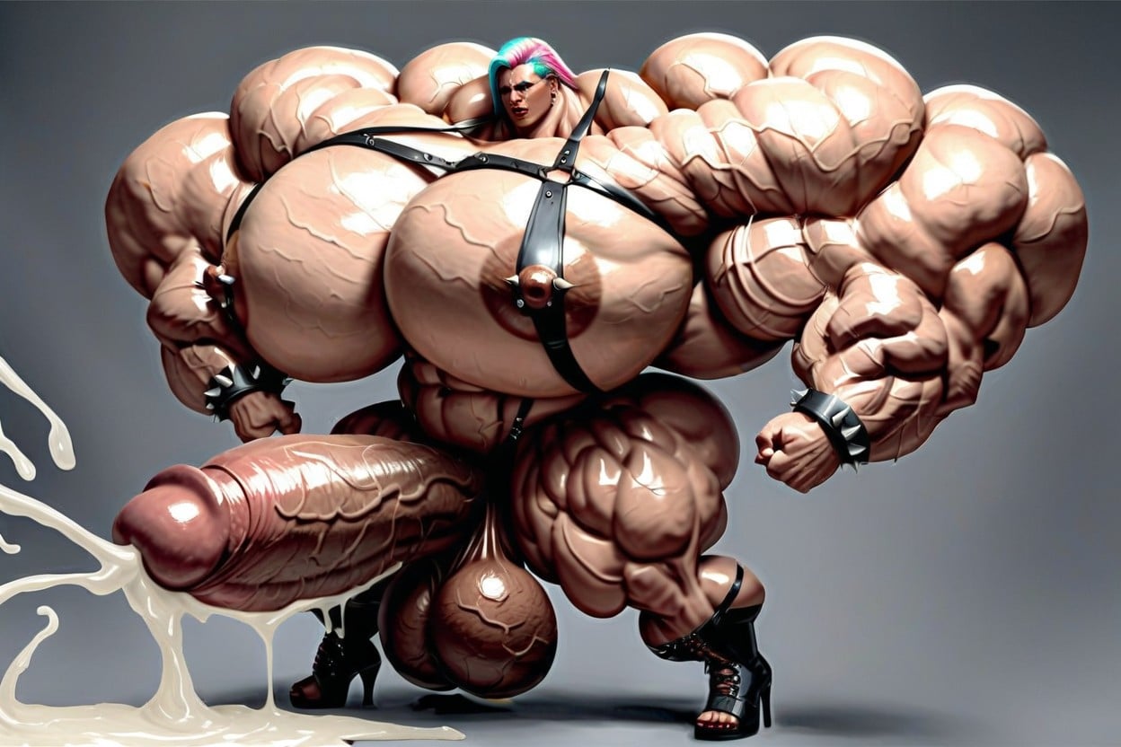 Leather Body Harness, Hyper Veiny Quads, 극도로 근육질 쉬메일 AI 포르노