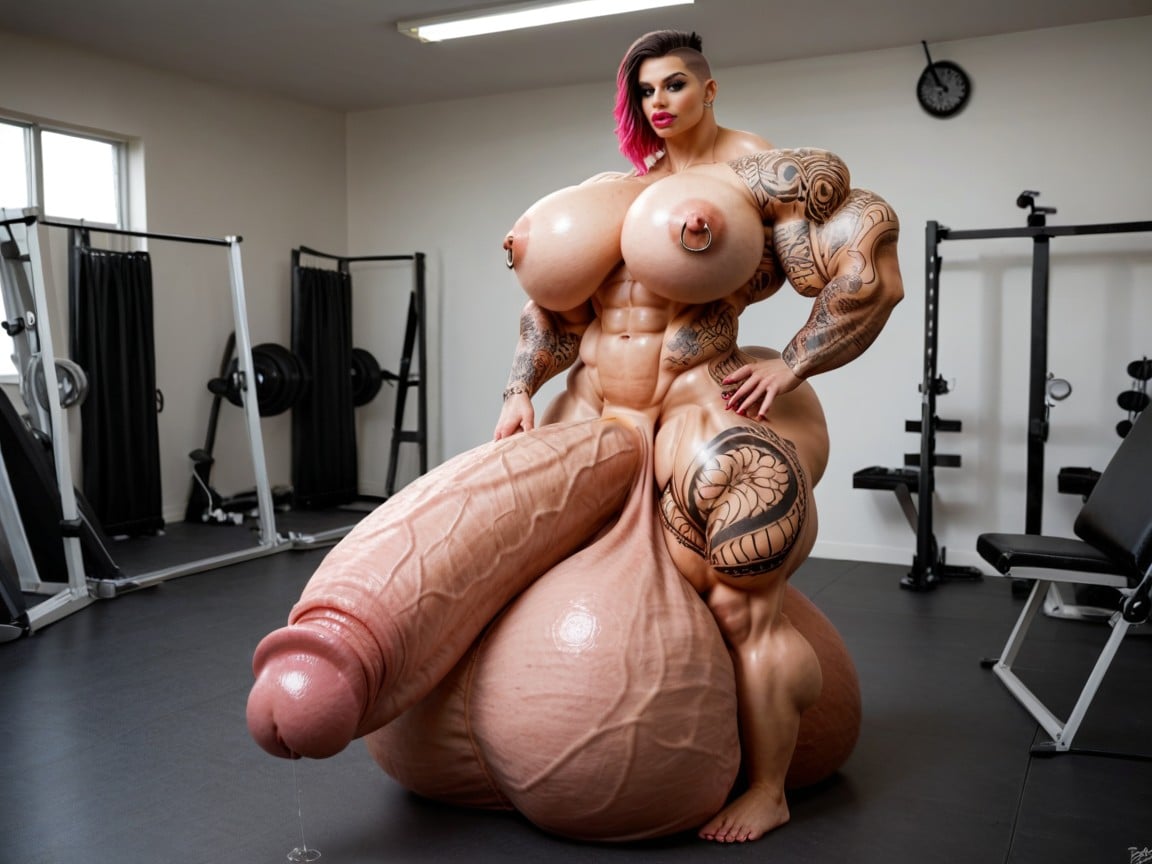 Hyper Muscle Growth, Giant Bulging Penis, Hyper Oversized Enormous Gigantic Girthy Penis Porno IA transsexuelle