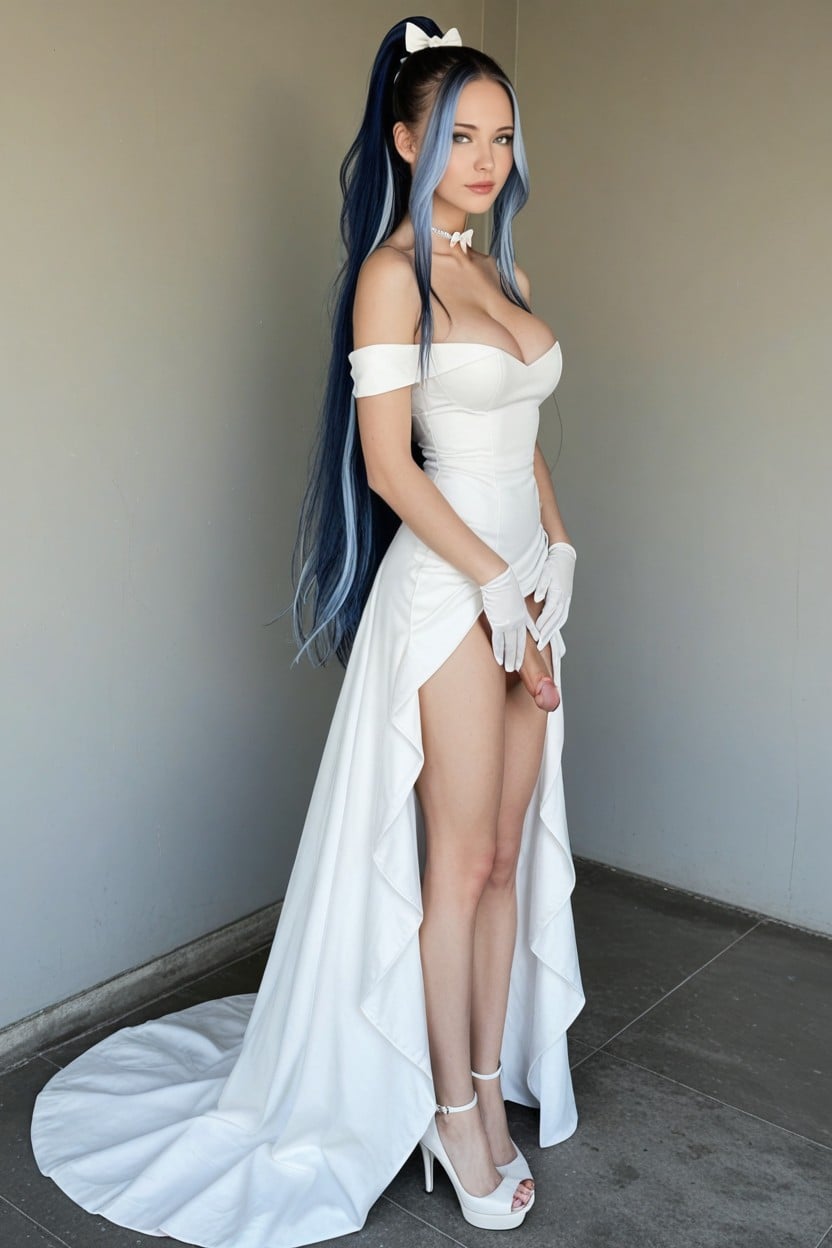 Looking At Viewer, Albino Skin, Extremely Long Straight Dark Blue Colour Hair Porno IA transsexuelle
