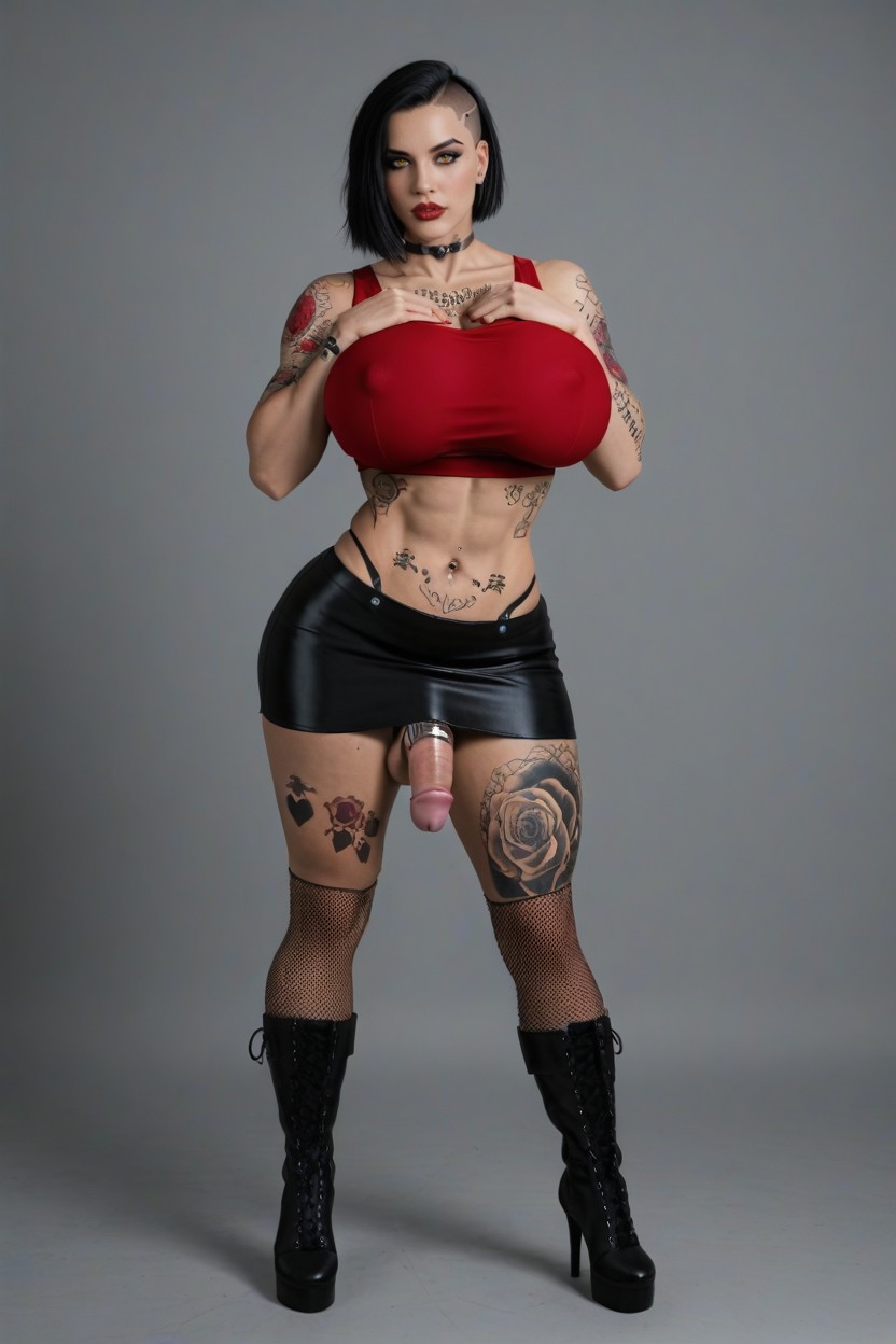 Body Tattoo, Black Leather Skirt, Tatouage Porno IA transsexuelle