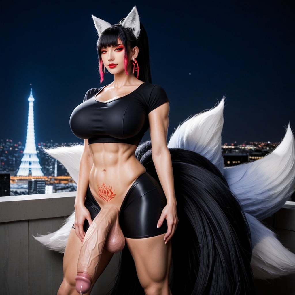 Kitsune, 大きな胸, Toned Athletic Hard Bodied Seductive Lewd Kitsune ニューハーフAIポルノ