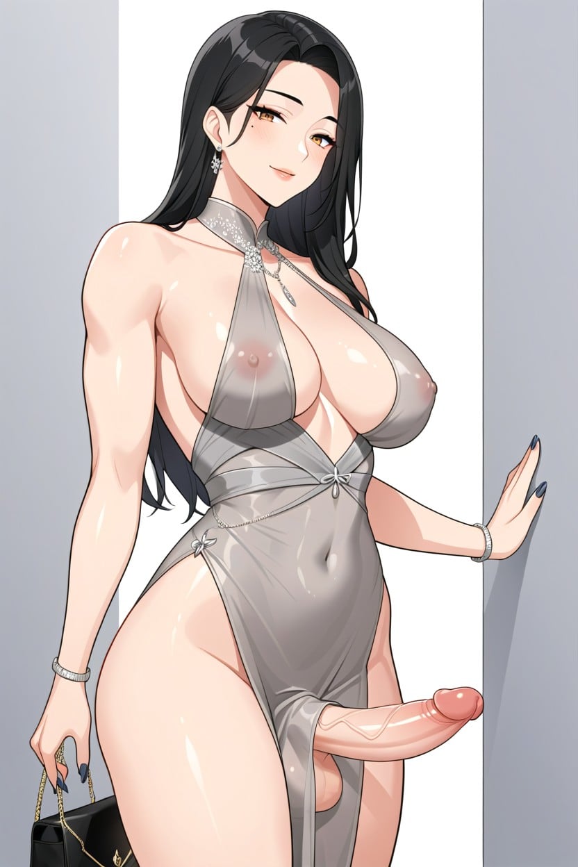 Female Penis Shape Under Clothes, Masculine Hands, Gray Dress ニューハーフAIポルノ